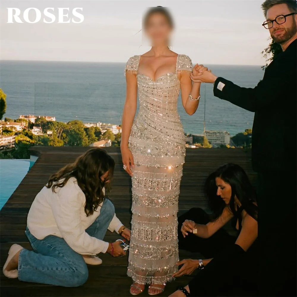 ROSES Sliver Evening Gown Off the Shoulder Prom Dresses Layered Tassel Hem Wedding Evening Dresses robes de soirée Customized