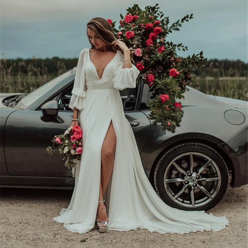 Long Sleeve Wedding Dresses for Women Bride High Slit Deep V-Neck Backless Bridal Gowns Marriage Dress Customized