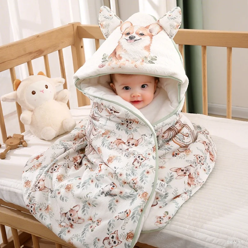 Newborn Baby Blanket For Discharge Boys Girls Cartoon Printed 100% Cotton Winter Warm Newborn Swaddle Wrap With Windproof Hooded