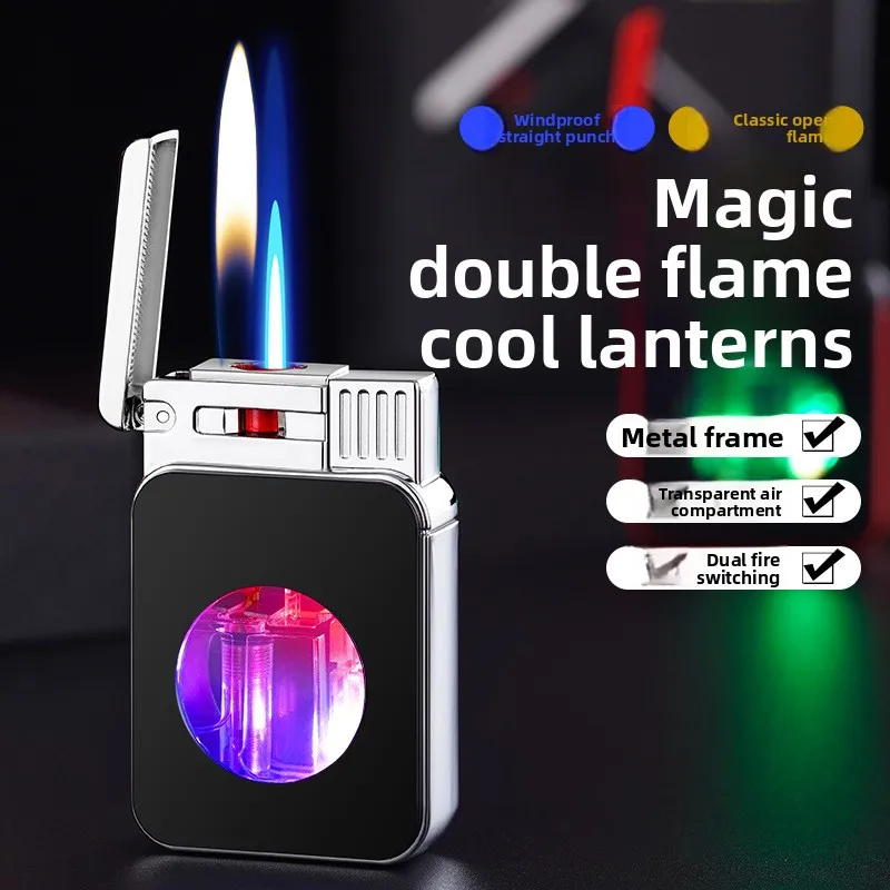 

Newest Dual Flame Lighter with Transparent Gas Window & Colorful Light Refillable Butane Lighter for Cigarettes Accessories