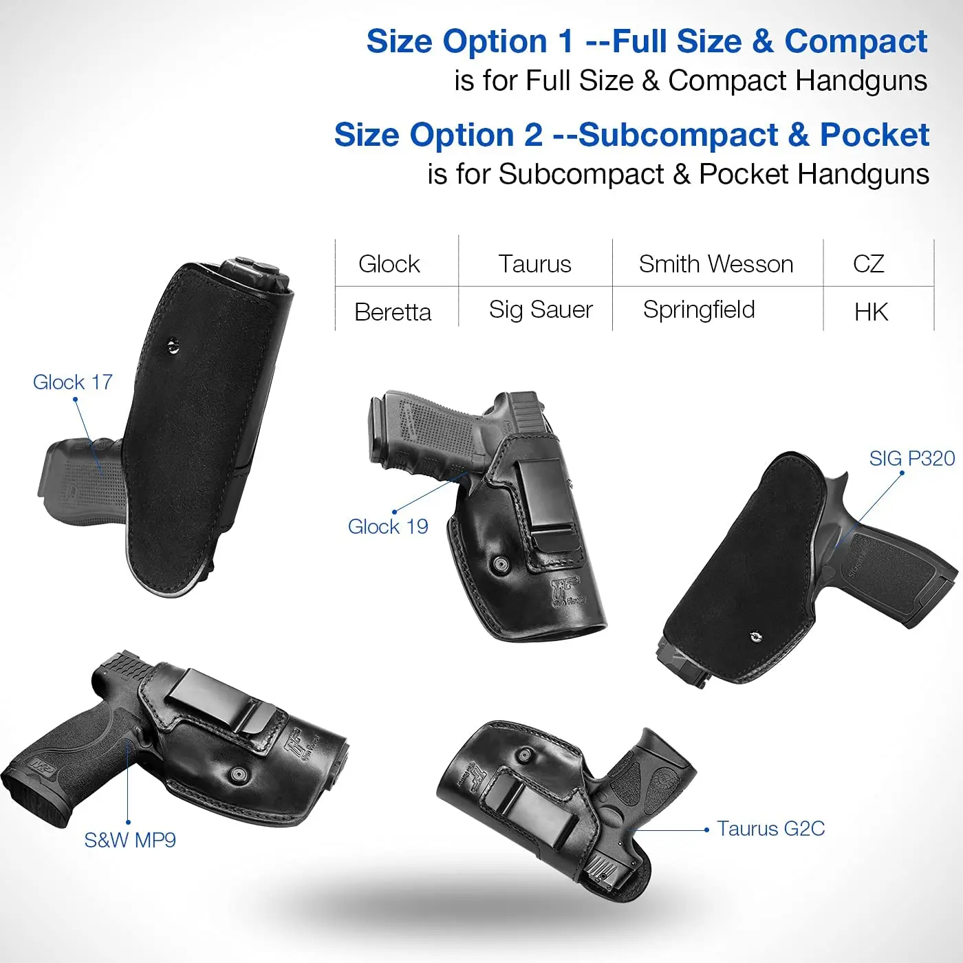 Leather Holster Glock 17 19 22 31 42 43/Taurus G2C G3C G3/M&P Shield/Hellcat XDM 40/P320 P365/Two to Fit Most Full Size Compact