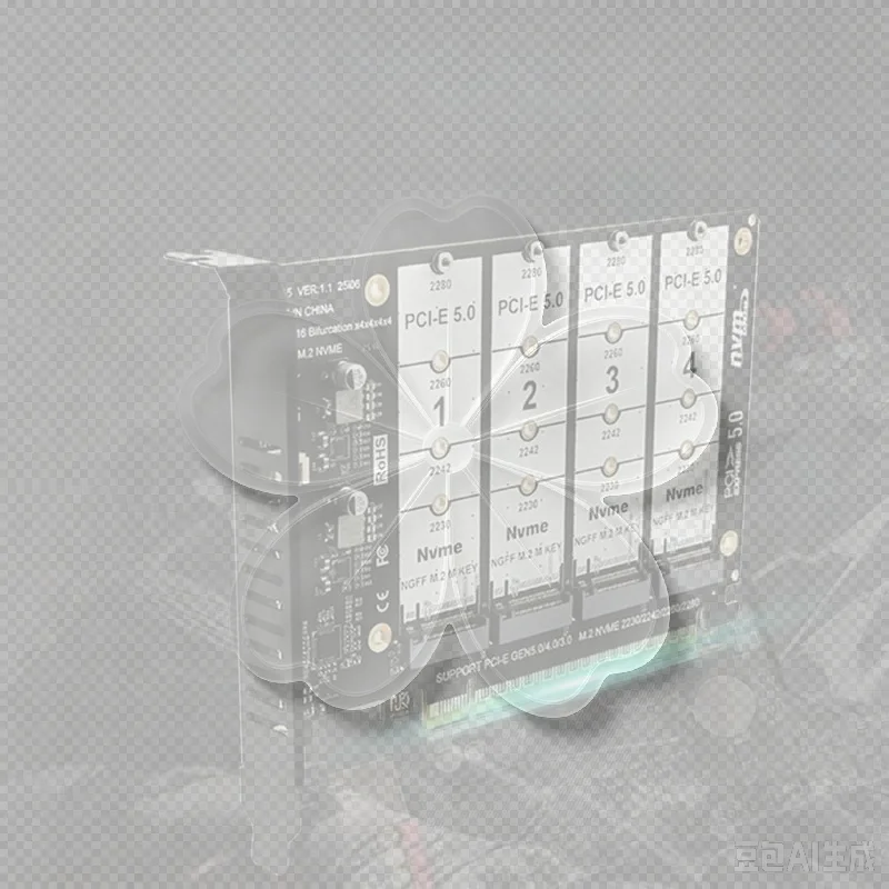 1 Set PCI-E GEN5 16X To 4*128Gbps Raid Card PCIE5.0 X16 To 4 Port NVME Adapter For 2230 2242 2260 2280 M.2 NVME SSD