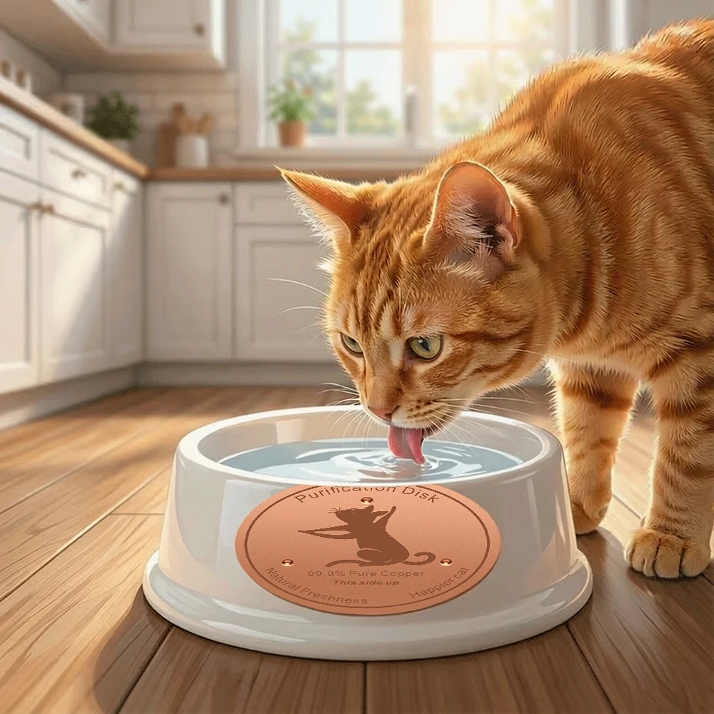 Pure Copper Pet Water Filter Disc 99.9% Purification PlateWhite Pet Water Bowl With 99.9 Pure Copper Purification Disk For Cats