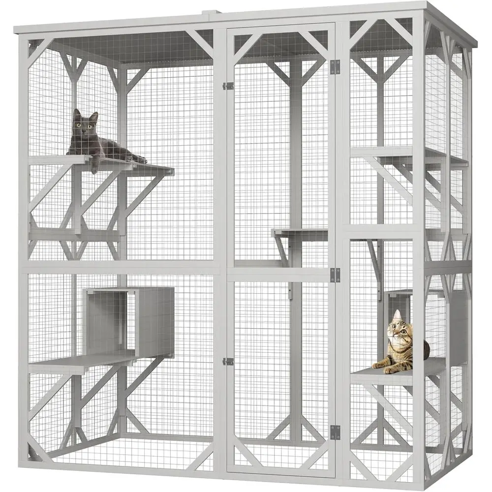 

Large Wooden Cat Enclosure, 71.3 Height, with 3 Jumping Platforms and 2 Napping Houses for Outdoor Activity