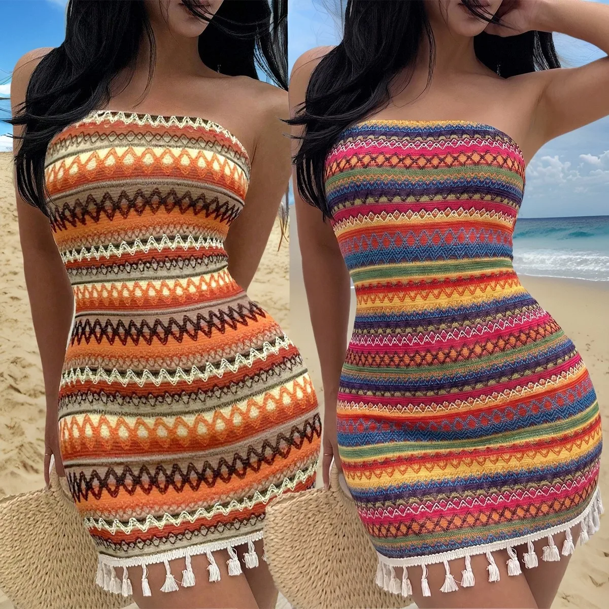 

Zy6239 Women's Knitted Jacquard Patchwork Tassel Bohemian Resort Style Tube Top Dress Elegant Clothing Lace