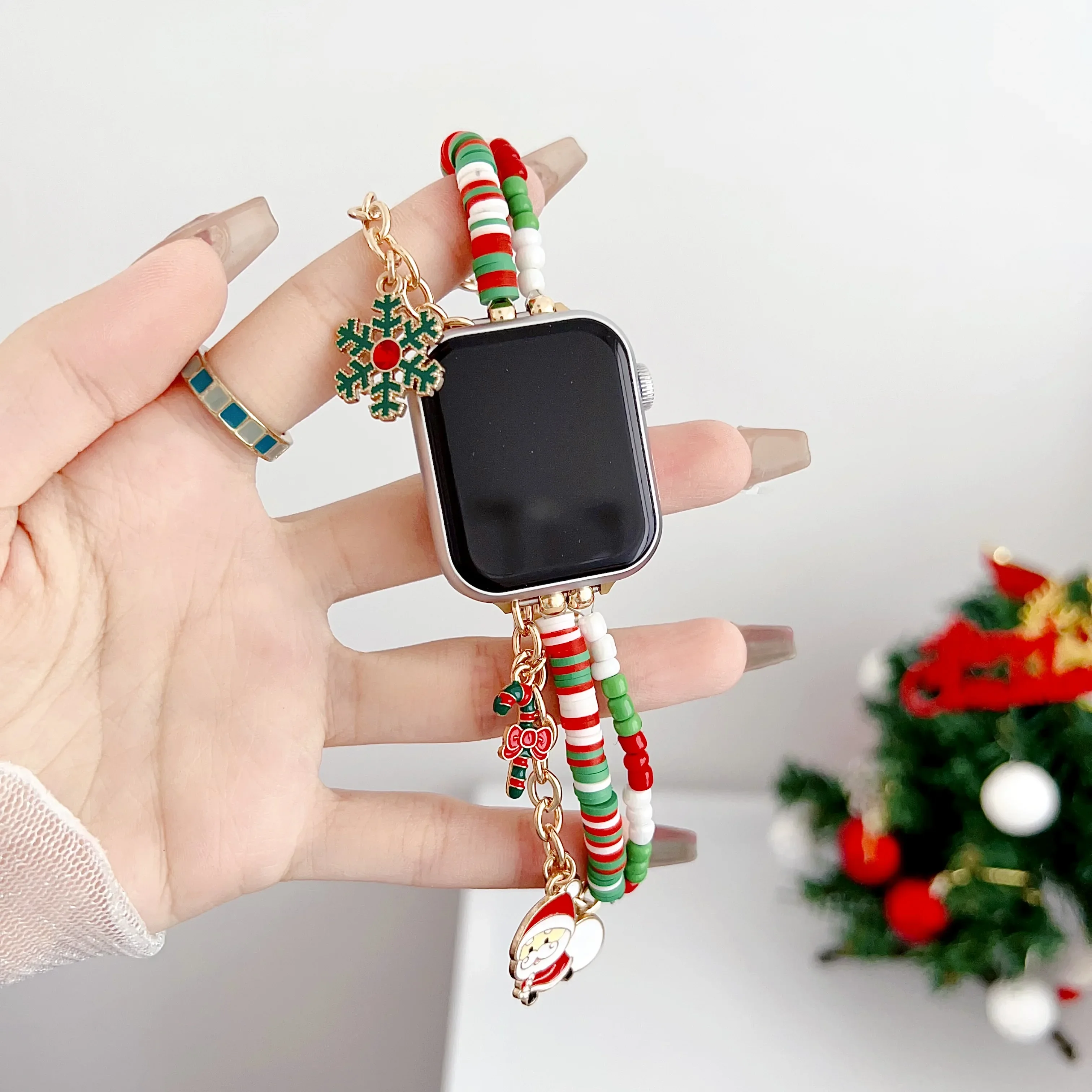 Weihnachtselement-Perlenarmband für Apple Watch Band 42 mm 46 mm 45 mm 41/44 49 mm Damenarmband IWatch 11 10 9 8 7 6 5 4 SE3 Geschenke
