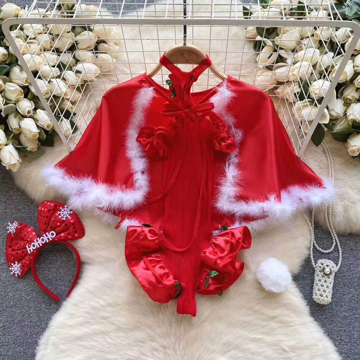 Red Christmas Sexy Lingerie Shawl Set Jumpsuit Tie Up Casual Cosplay Costume Women Clothing Skinny New In Bodysuit Short Suits