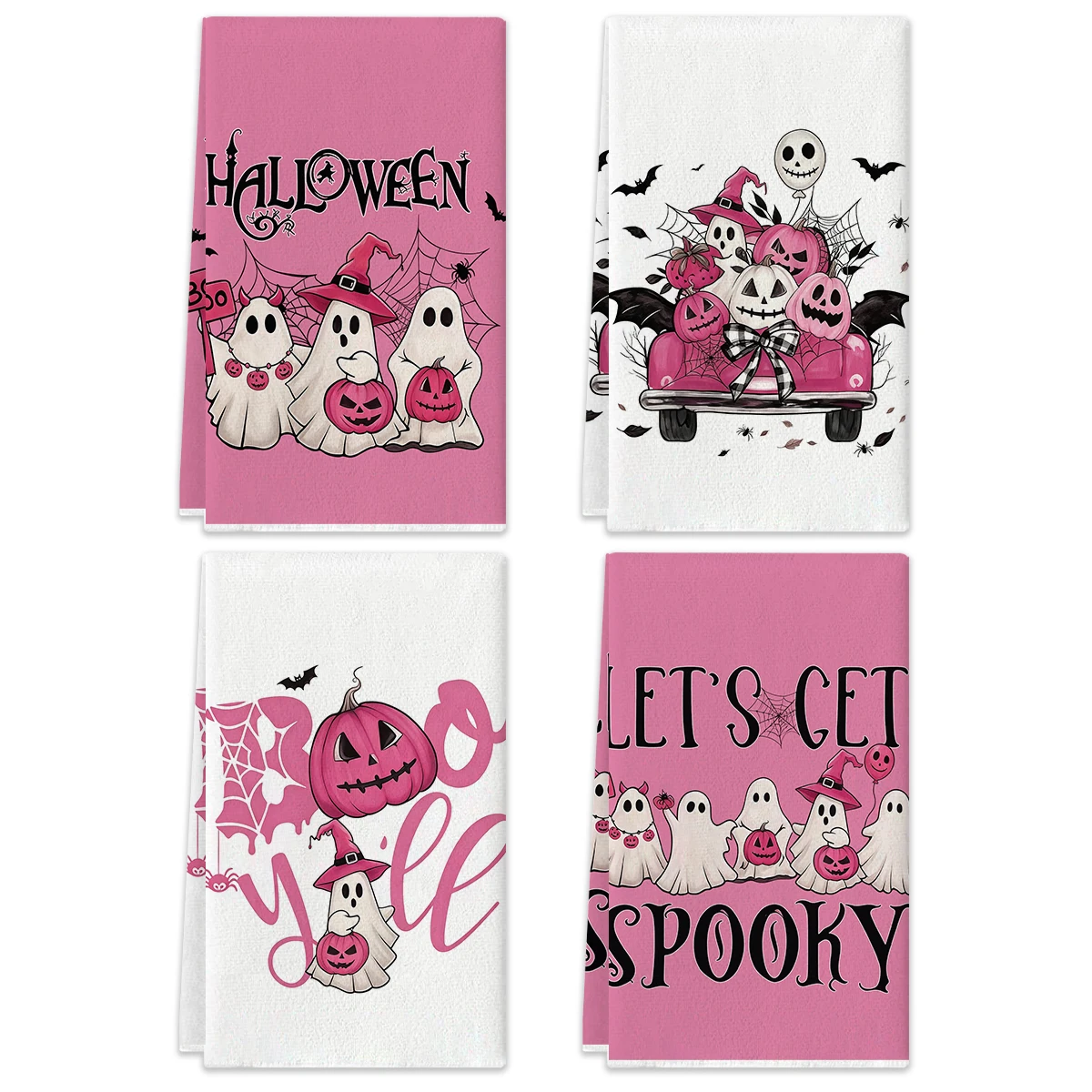 2/4pcs Halloween Kitchen Towels, Pink Ghost Bat Pumpkin Letter Pattern Towel Set, 15.7x23.6-inch Multi functional Kitchen Towels