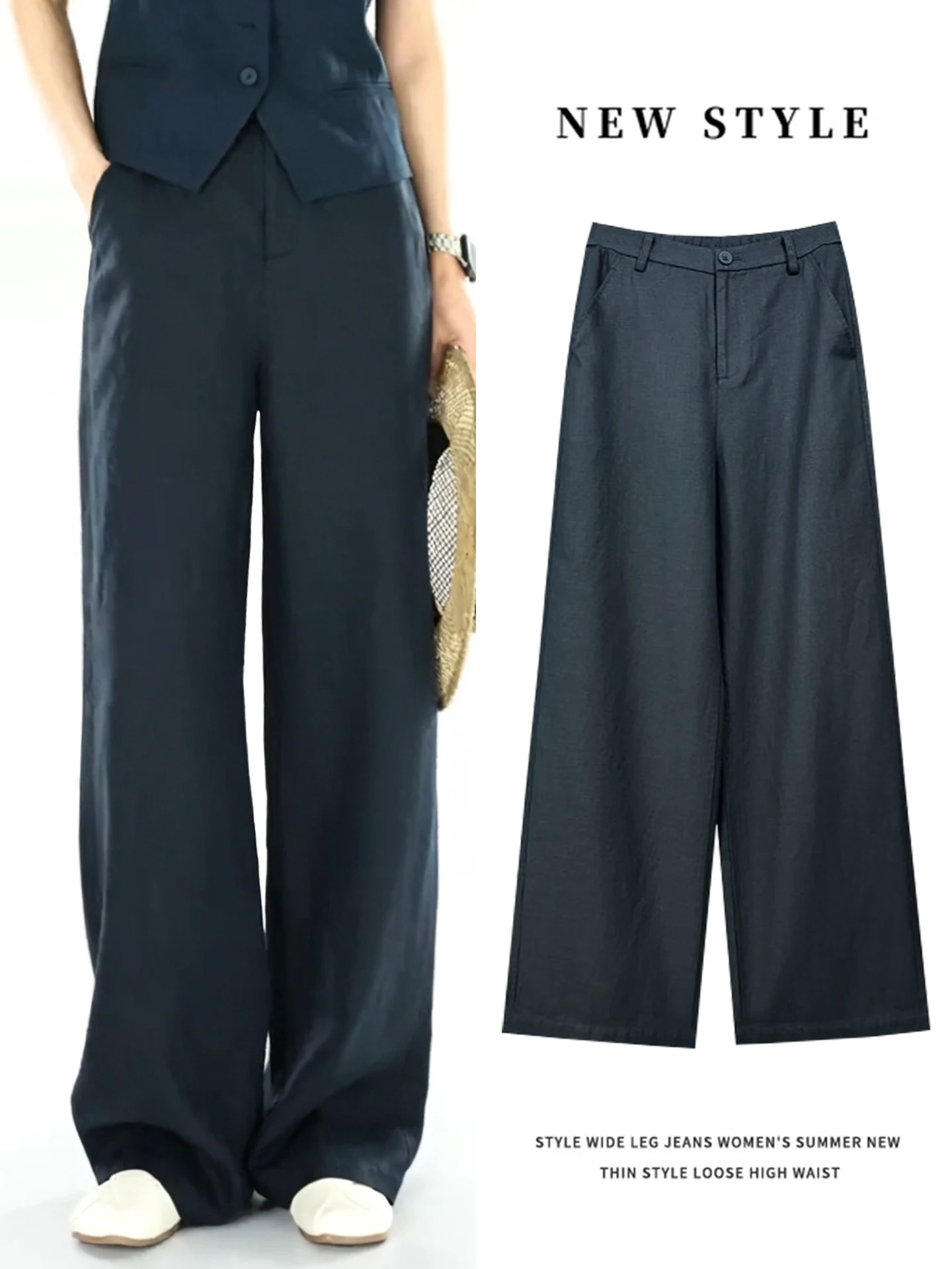 Green Lyocell Linen Slim Wide Leg Pants Women Summer Thin High Waist Drape Casual Straight Leg Trousers Breathable Cool Feeling