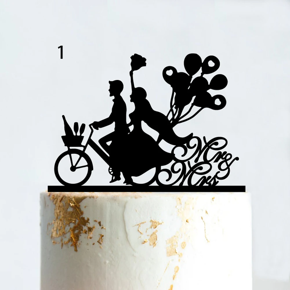 Bicycle Style Cake Topper Black Acrylic Funny Wedding Mr And Mrs Silhouettes Road Bike Cycler\'s Cyclist Birthday Cake Supplies
