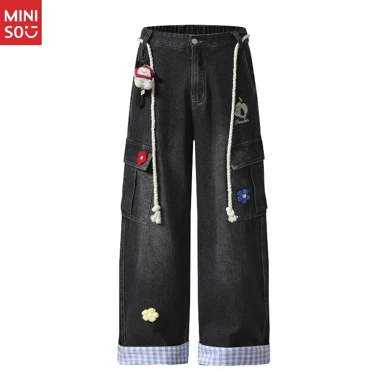 Miniso الأمريكية الرجعية انفصال الرباط الأزهار التطريز مستقيم الساق السراويل للجنسين فضفاض الكلب قلادة واسعة الساق #6