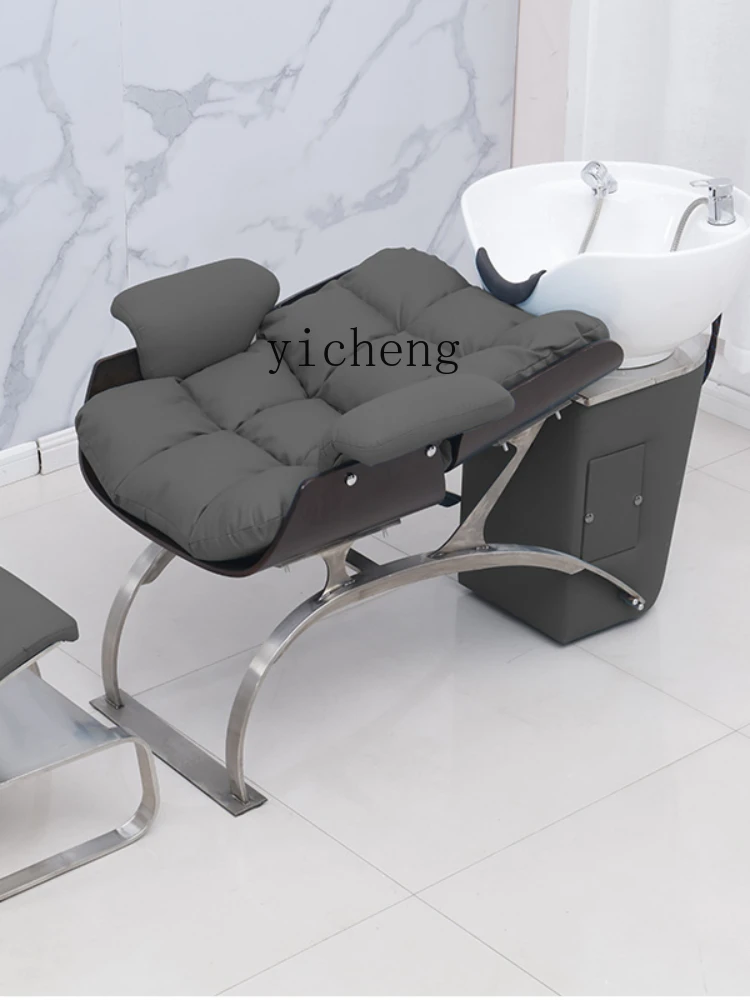 ZC for Hair Salon Shampoo Chair Barber Shop Flushing Bed Stainless Steel Multi-Functional Lying Half Ceramic Basin Bread Bed