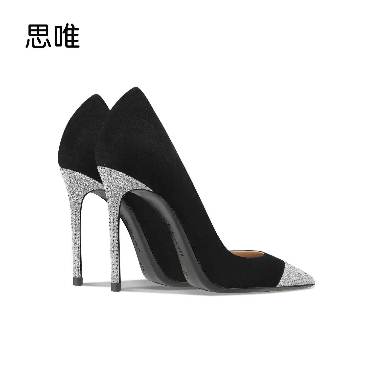 Genuine Leather Heels For Women 2024 Luxury Autumn High Heels Shoes Rhinestone Pumps Black Suede Pointed Toe Sexy Party Ladies