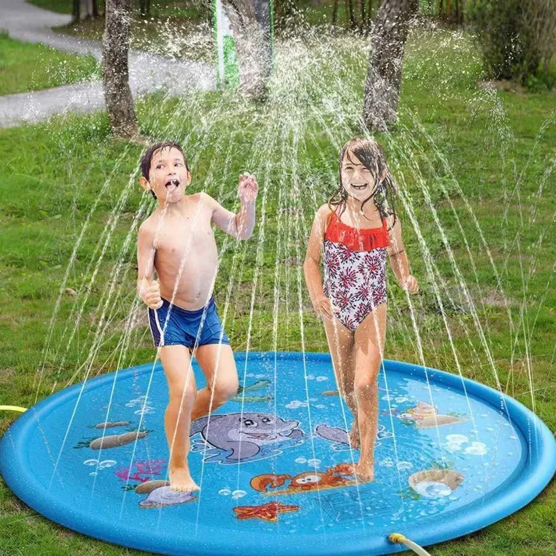 PVC Inflatable Water Spray Pad Courtyard Water Play Pad Round Outdoor Sprinkler Mat Non-Slip PVC Play Mat for Yard & Garden