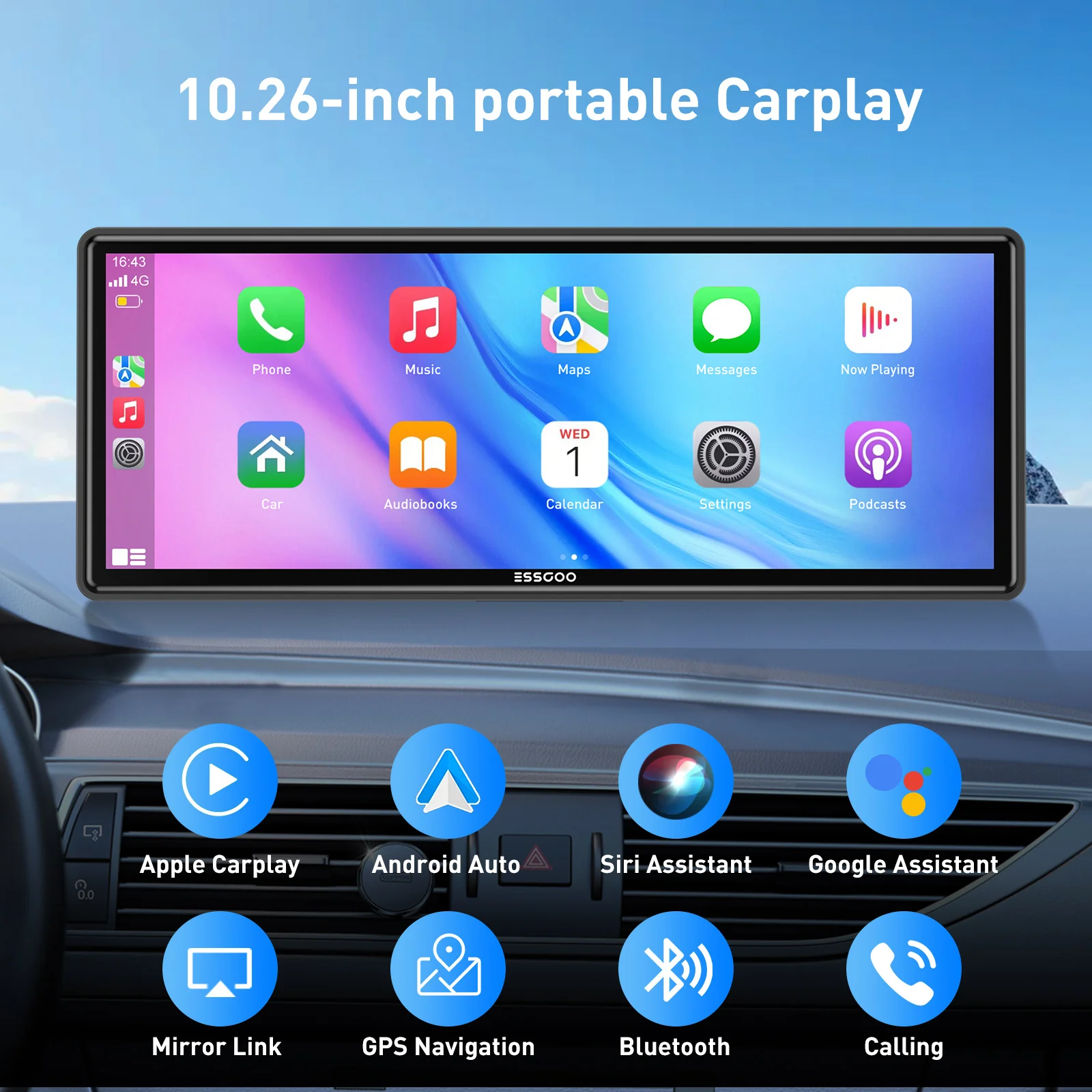 ESSGOO 10,26-calowy odtwarzacz Carplay MP5 Przenośny BT Touch Srceen Bezprzewodowe radio samochodowe Carplay Android Auto dla Apple lub Android Video