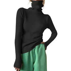 Women Sweater Pullover Turtleneck Ribbed Knit Sweater Top Thumb Hole Long Sleeve Mock Neck Solid Slim Fit Casual Knitted Jumper