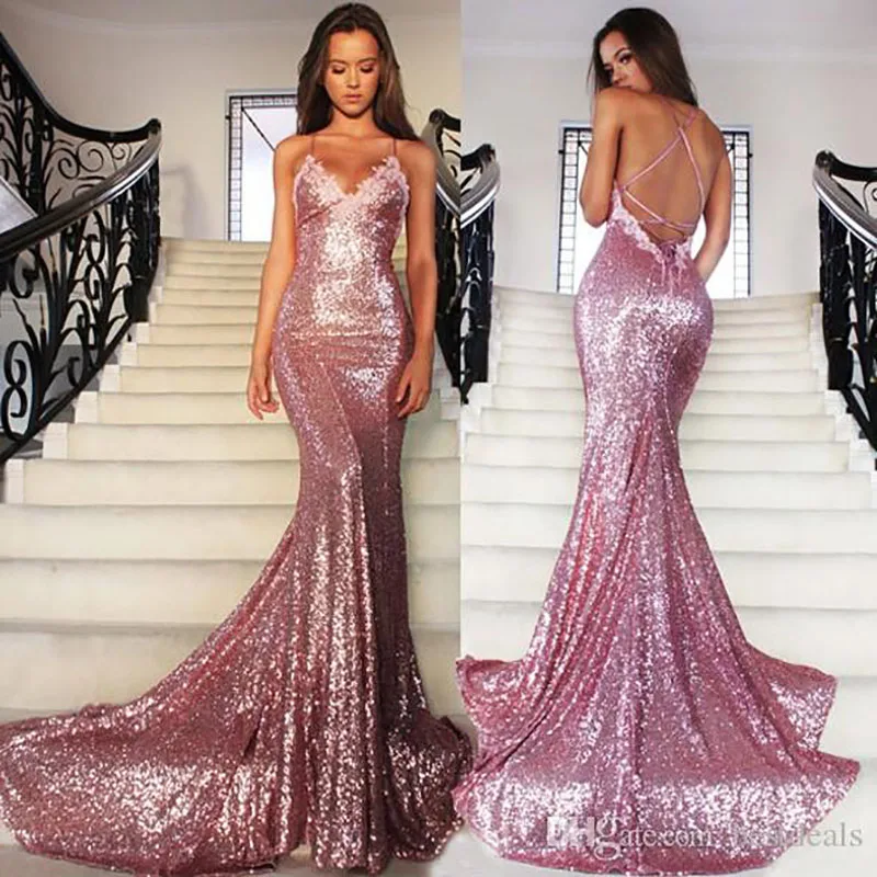 

2024 Charming Mermaid Sequined Evening Dresses Deep V-neck Spaghetti Strap Sexy Back Lace Up Formal Prom Party Gowns for Women