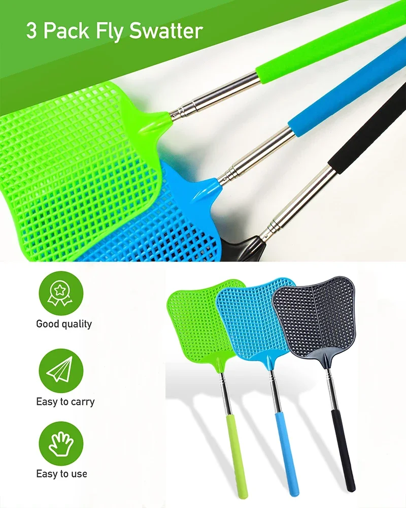 3 Pack Telescopic Plastic Fly Swatter Large Bug Zapper Stainless Steel Handle Indoor Outdoor Random Color