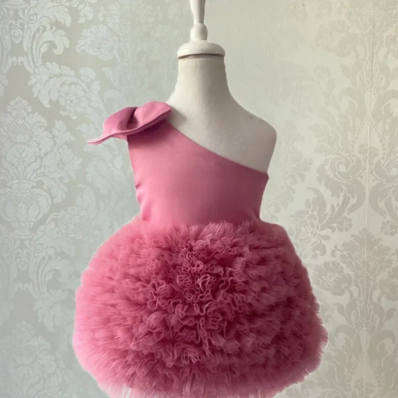 New Summer Fashion Children Girls Party Dress Single Shoulder Solid Color Casual TUTU Princess Dresses Kids Clothes H113