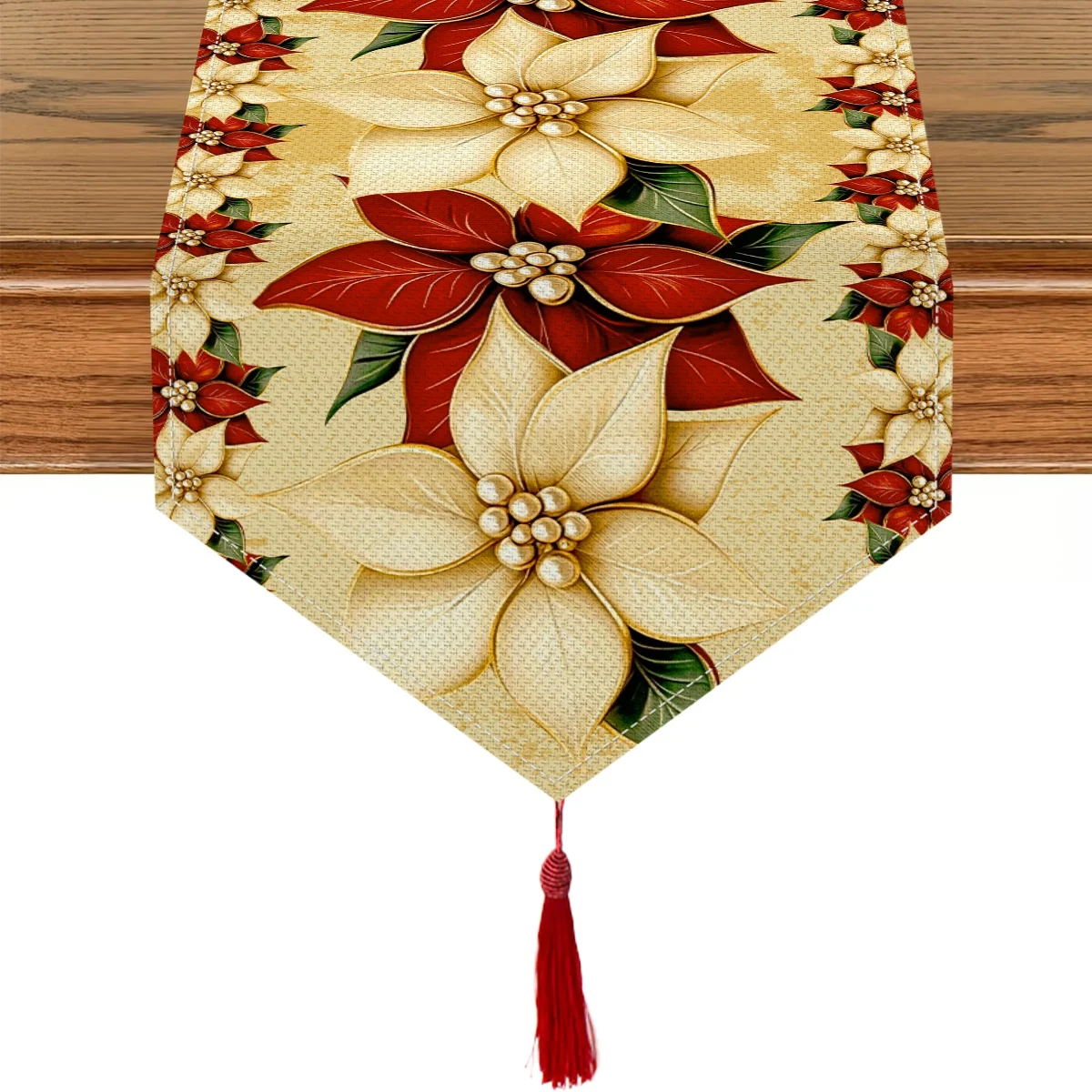 Retro Christmas Table Runner 183*33cmLinen Texture Poinsettia Design Tablecover with Tassel Fringe Rustic Home Party Table Decor