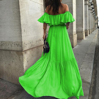 Summer New Green One Shoulder Strapless Flying Sleeve Mid Length Dress For Women Fashionable Short Sleeved Patchwork Party Dress