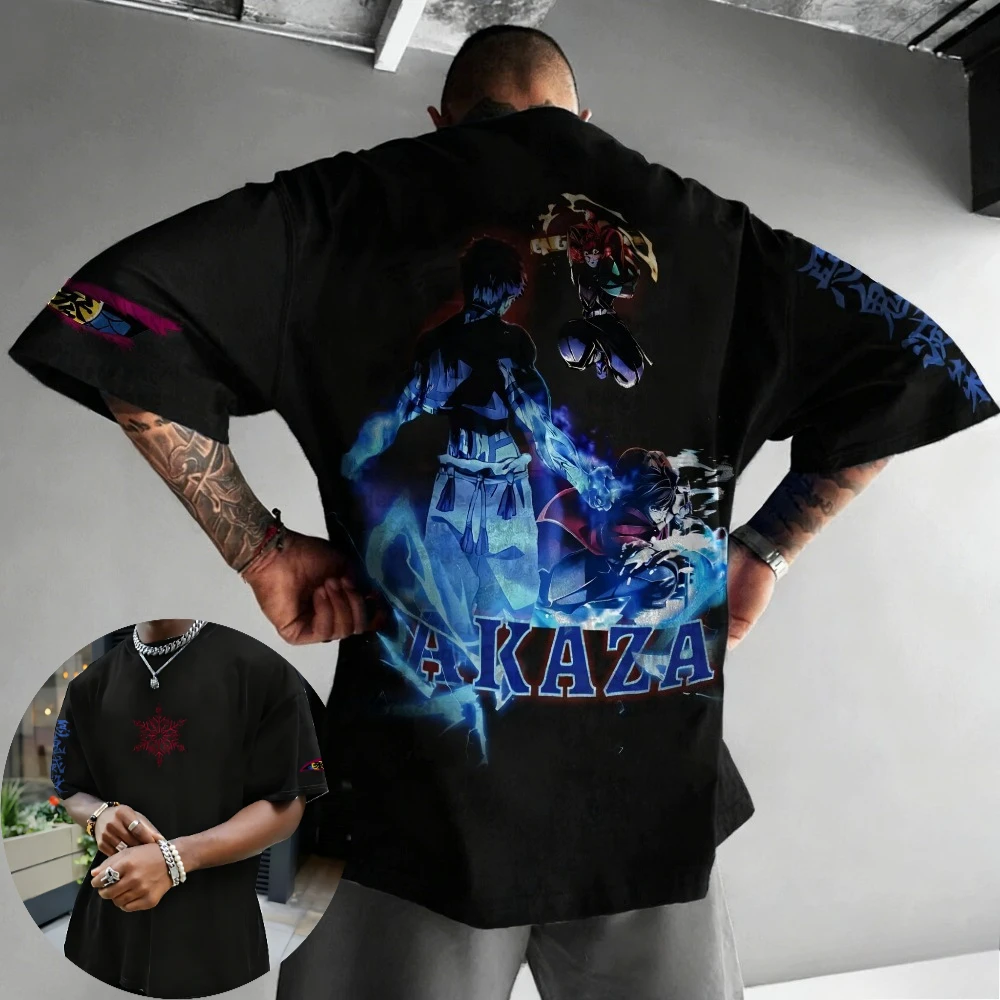 

Demon Slayer Men's T-shirt Akaza Summer Japanese Anime Tee Spring and Autumn Boys Short-sleeved Trendy Brand Parent-child Wear