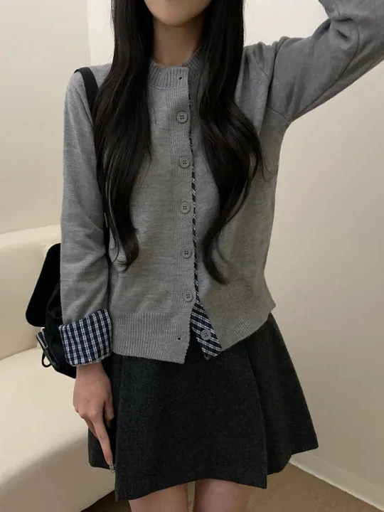 Kardigan damski w kratę lub dzianinowy sweter w stylu koreańskim, luźny krój, jesienno-zimowy, imitacja dwuczęściowego kompletu.