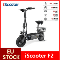 iScooter F2 Electric Scooter 500W 36V 7.8Ah EScooter 10Inch Pneumatic Tire 30KM/H Speed 30km Range Dual Drum Brakes E-Scooter