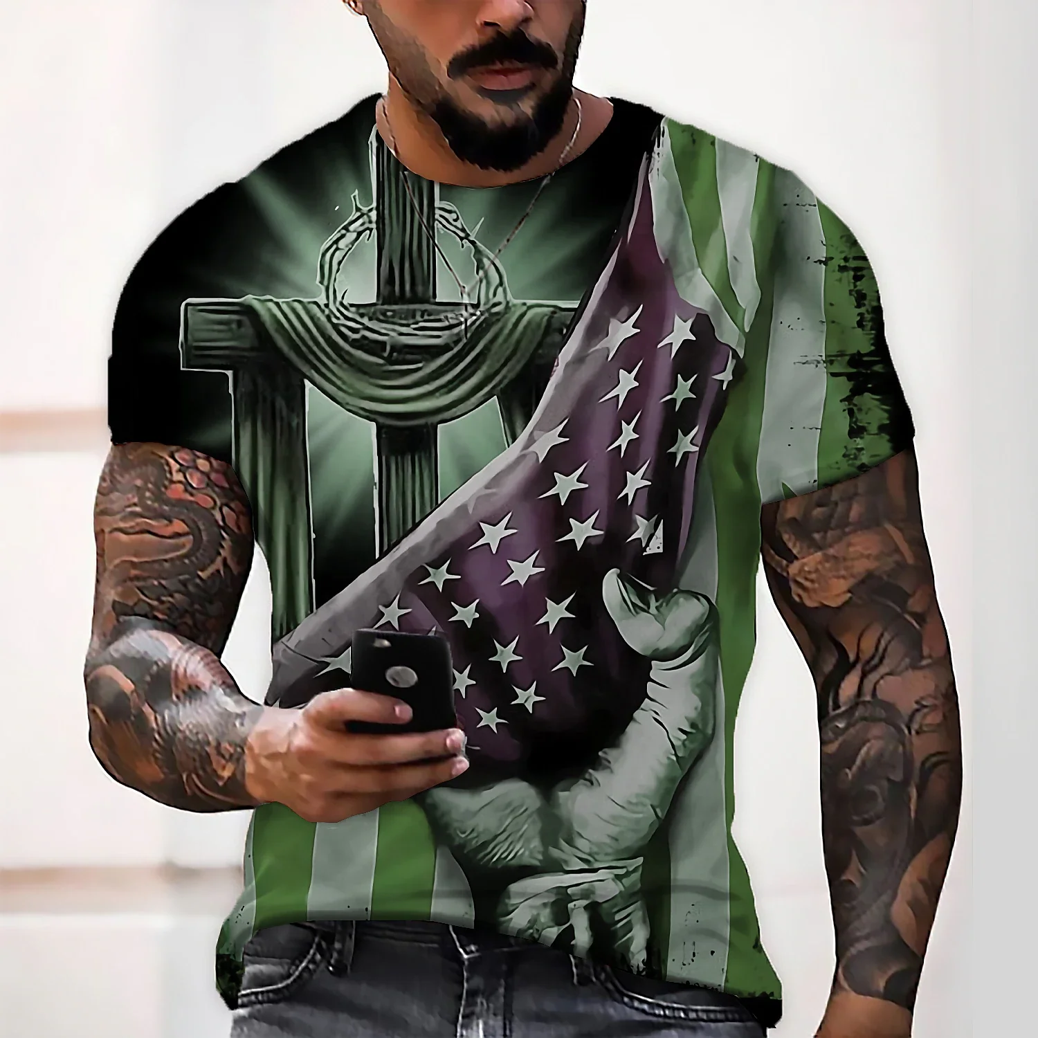 Men's T shirt National Flag Crew Neck Outdoor Short Sleeve Street Sport Pullover Streetwear Male Top Tees Oversized Clothing