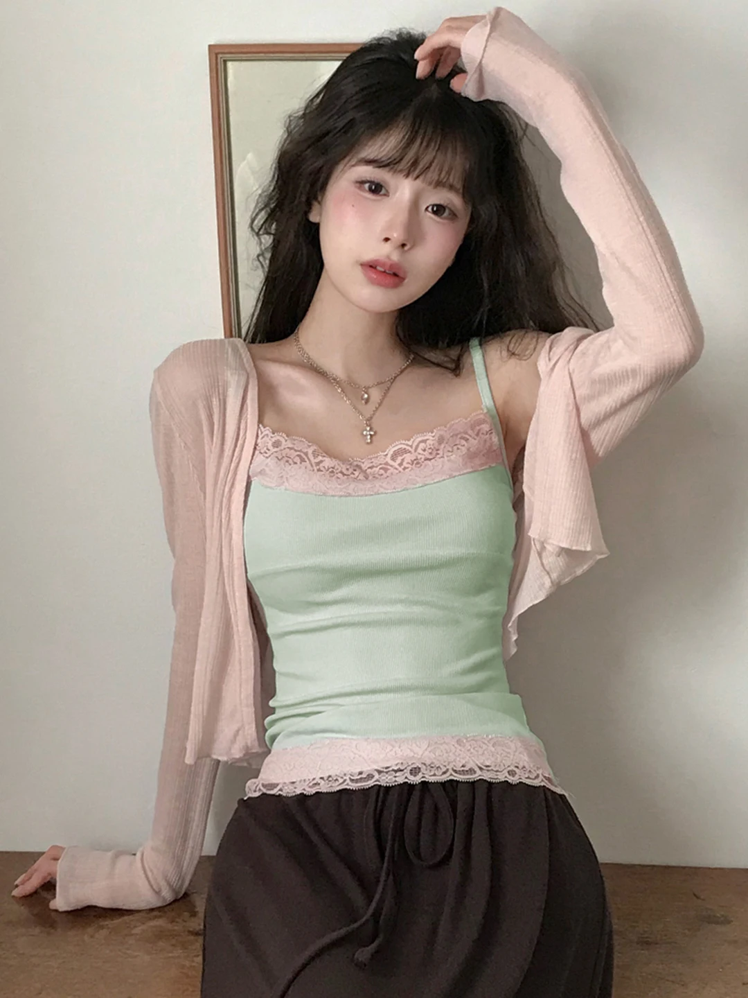 Korean Style Pure Desire Sexy Lace Trim Camisole Tank Top Threaded Pleated Slim Fit Gentle Girl Inner Wear Top Short Length