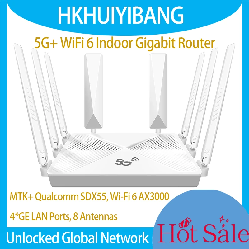 언락 SDX55 5G WiFi6 AX3000 홈 Sim CPE 기가비트 모뎀, 4x4MIMO 듀얼 밴드 5G 4G LTE 광대역 무선 라우터, 8 안테나 