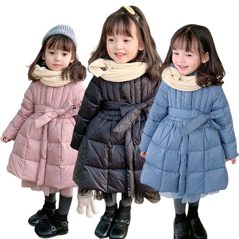 

Girls Fashion Long Princess Style Down Jackets Children Solid Color Belt Mesh Stitching Warm Hooded Coat Winter Kids Clothing