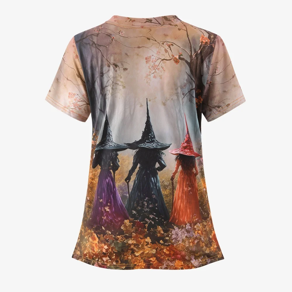 Summer Women's Halloween Witch Forest Digital Print V-Neck T-Shirt with Patch Pockets - Short Sleeve Autumn Floral Design