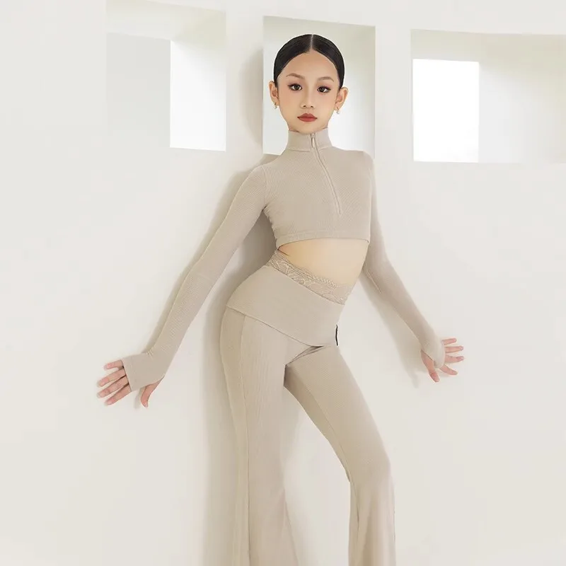 fall-winter-new-style-latin-dance-clothing-girls'-low-neck-top-with-lace-edging-long-pants-for-dance-practice-and-training-set