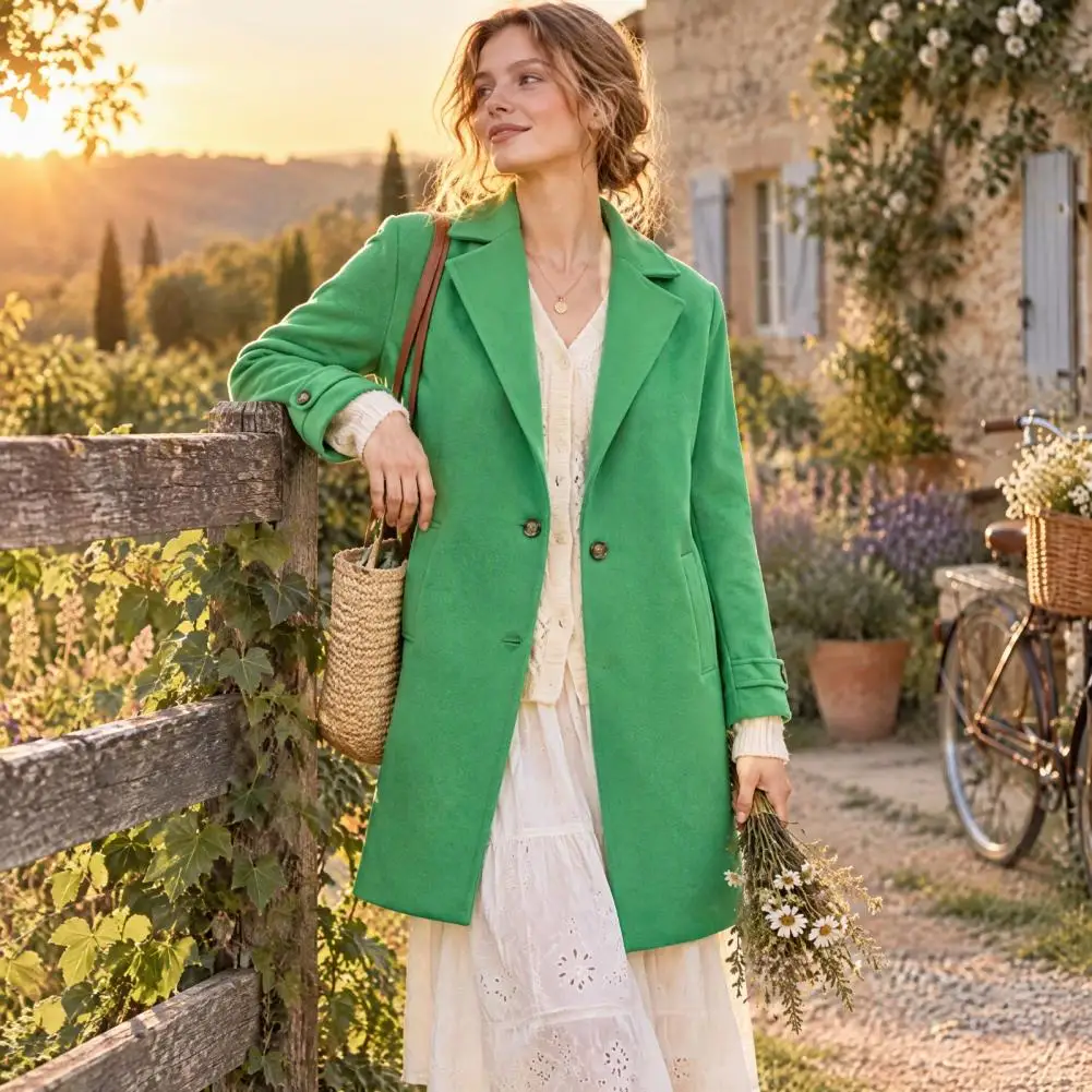 Weather Jacket Women’s Wool Long Coat Notch Lapel Overcoat with Pockets Single Breasted Solid Color Trench Coat for Fall
