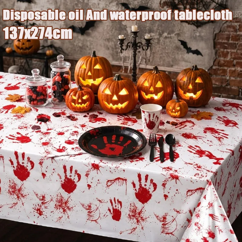 1-5PCS Disposable Halloween Table Cover Blood Handprint Oil Proof Waterproof Party Decoration for Themed Events