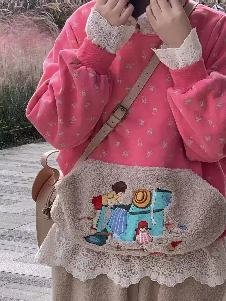 Pink Color Japanese Kawaii Floral Embroidery Hooded Sweatshirt Women Spring Autumn Mori Girl Long Sleeve Fleece Pullover