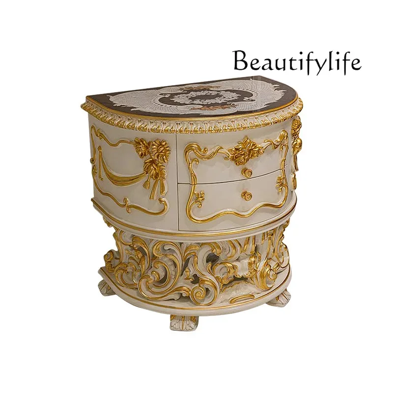 

European solid wood bedside table French luxury gold-painted carved bedroom locker high-end furniture