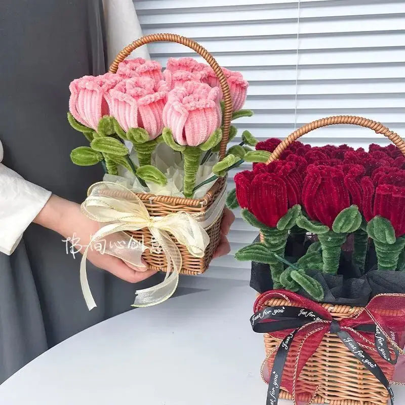 Twizzle Stick Tulip Rose Basket Bouquet. Handmade diy creative gifts. Flowers that never fade. Beautiful gift Artificial flowers