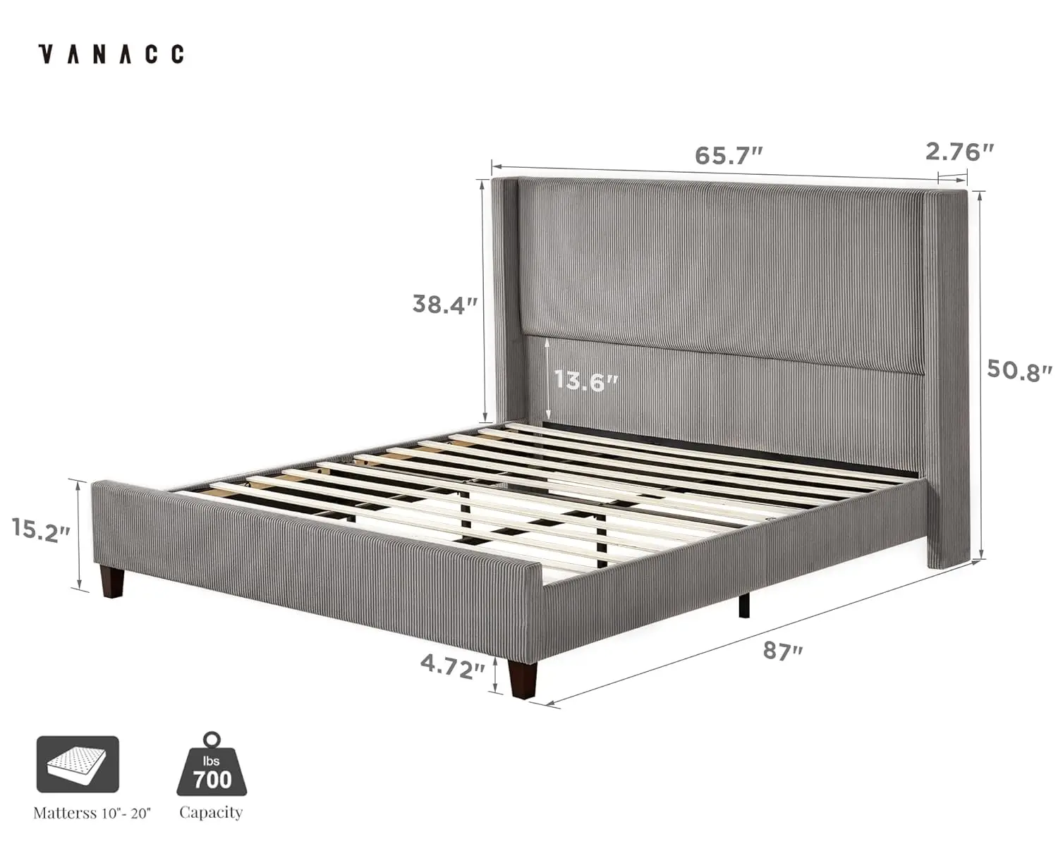 إطار سرير بمنصة بحجم كوين، سرير منجد من سروال قصير مقاس 50.8 بوصة مع لوح رأسي معنقدة بقناة عمودية/شرائح خشبية/ظهر مجنح/بدون بو #2
