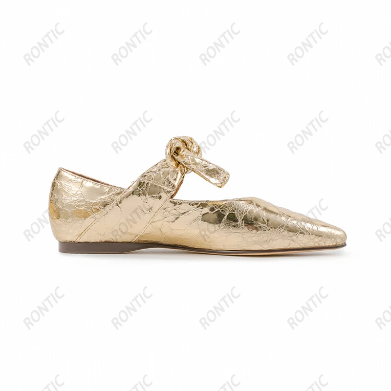

Rontic New Stylish Women Spring Flats Crack Style Square Toe Pretty Gold Ballet Shoes Ladies US Plus Szie 5-13