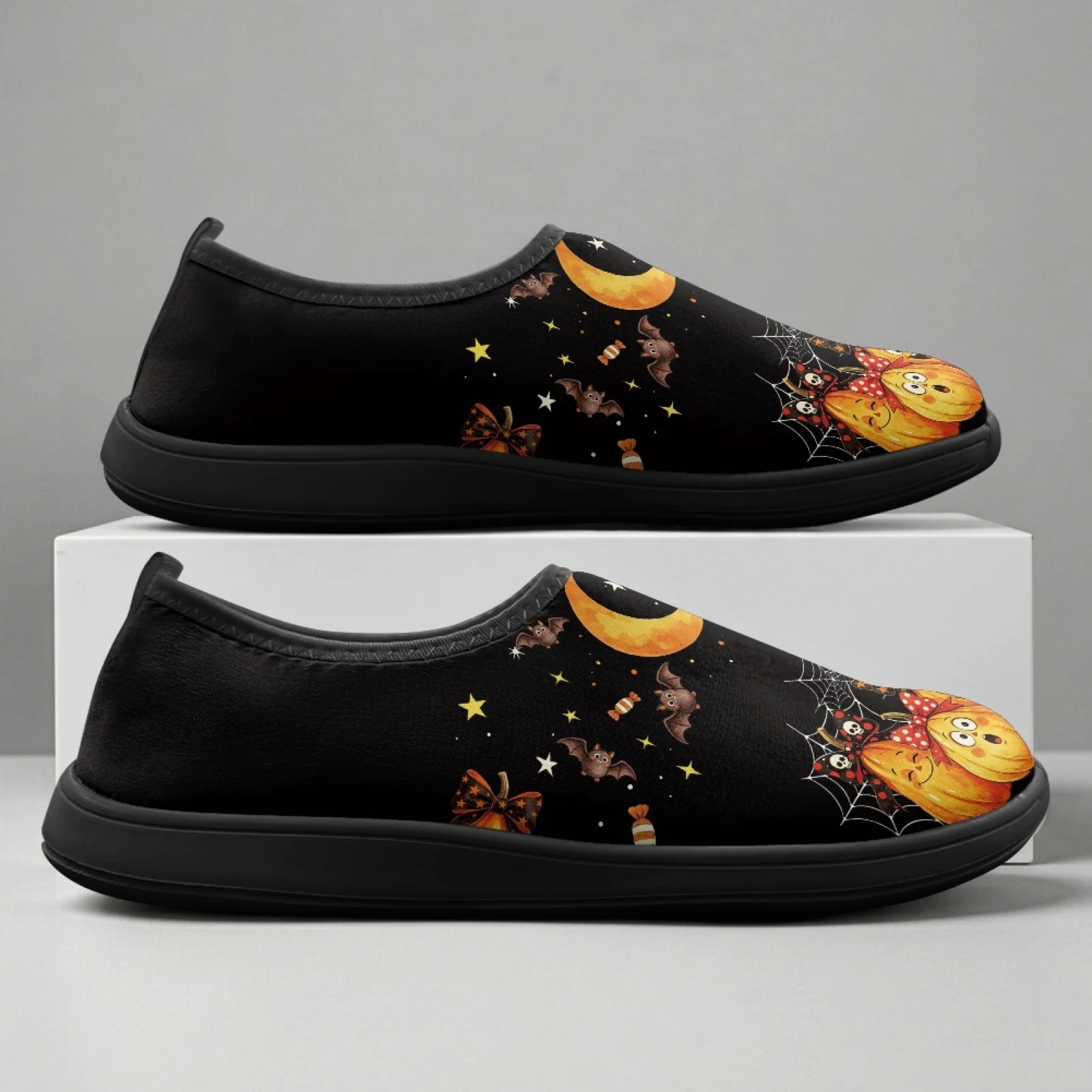 PENSTROLL Halloween Men Sports House Shoes Featuring Pumpkin Bat Moon, Comfortable Non-Slip Wide Fit for All Season Wear
