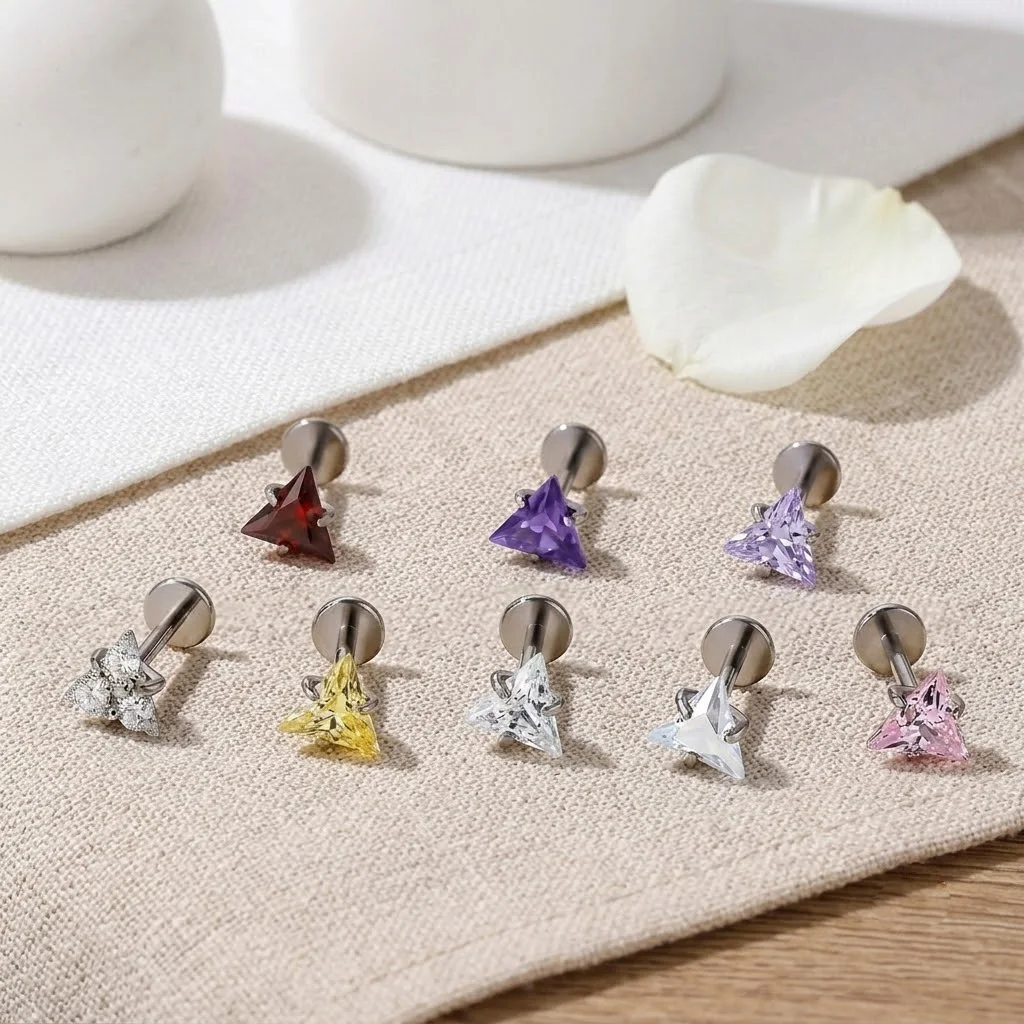 Triangle CZ Pink G23 Titanium Labret Studs, Cartilage Jewelry