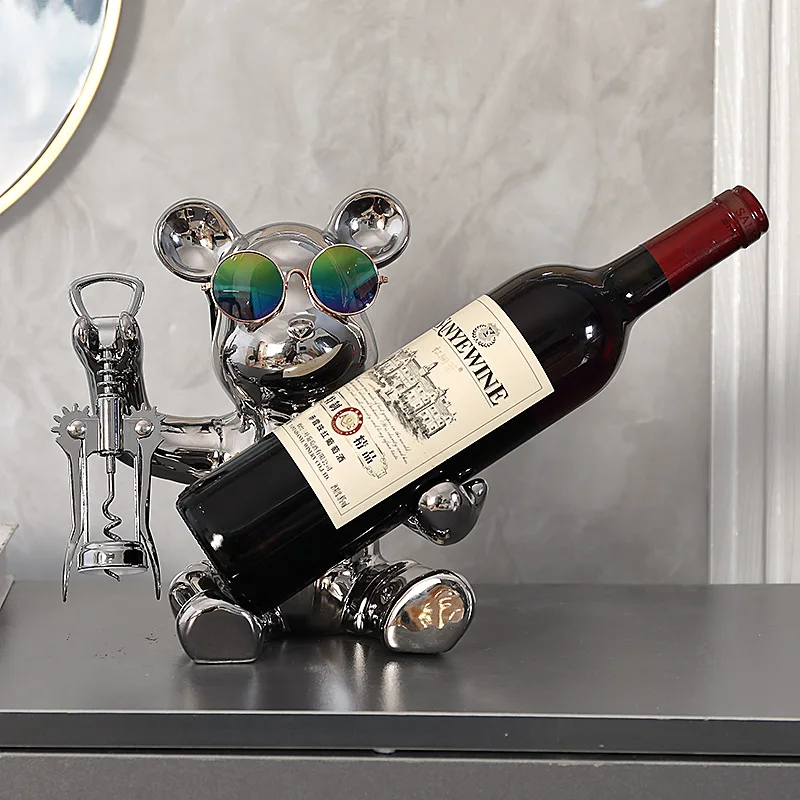 Wine Cabinet Decorations, Ceramic Bear Wine Rack Equipped with Bottle Opener, Living Room Cartoon Statues,Light Luxury Ornaments