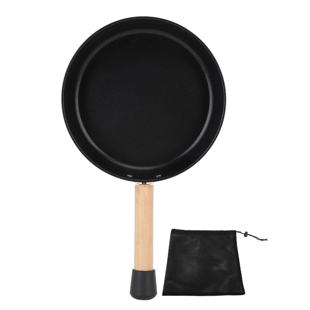 304 Stainless Steel Solid Wood Frying Pan with Handle Anti-Stick Coating Camping Fry Pan with Storage Bag