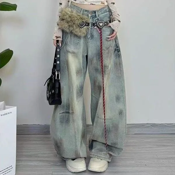 High Street Dirty Dyed Scimitar Jeans Spice Girls Loose Wide Leg Straight Floor Pants