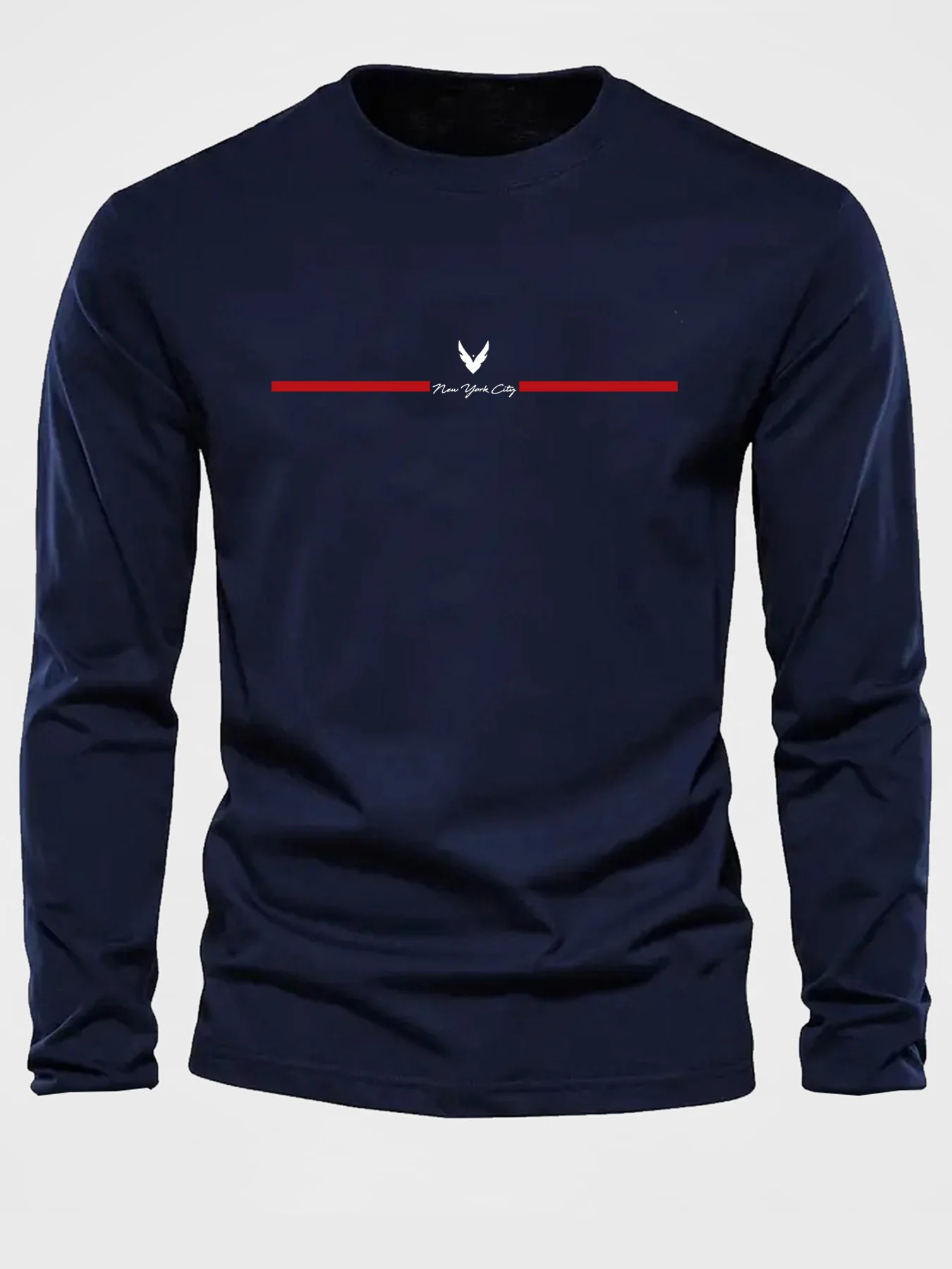 100% pure cotton men's long sleeved round neck loose casual New York City letter printed spring and autumn versatile T-shirt top