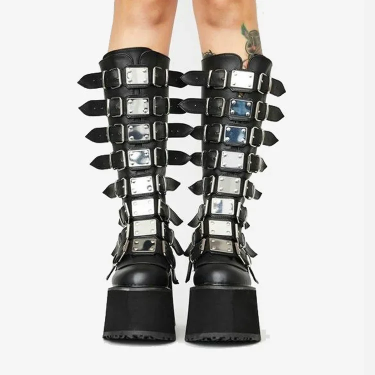 Frauen Stiefel Cosplay Damen High Heel Plattform Keile Frauen Hohe Stiefel Gothic Schnalle Lange Röhre Leder Weibliche Stiefel Plus Si – Detail 13