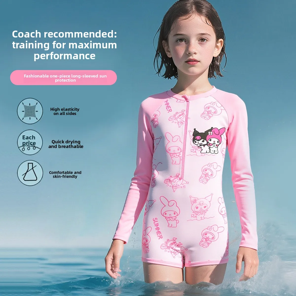 

2026 Girls One Piece Swimsuit Long Sleeve UV Protection, Kuromi Collection Athletic Training Swimwear for Big Kids