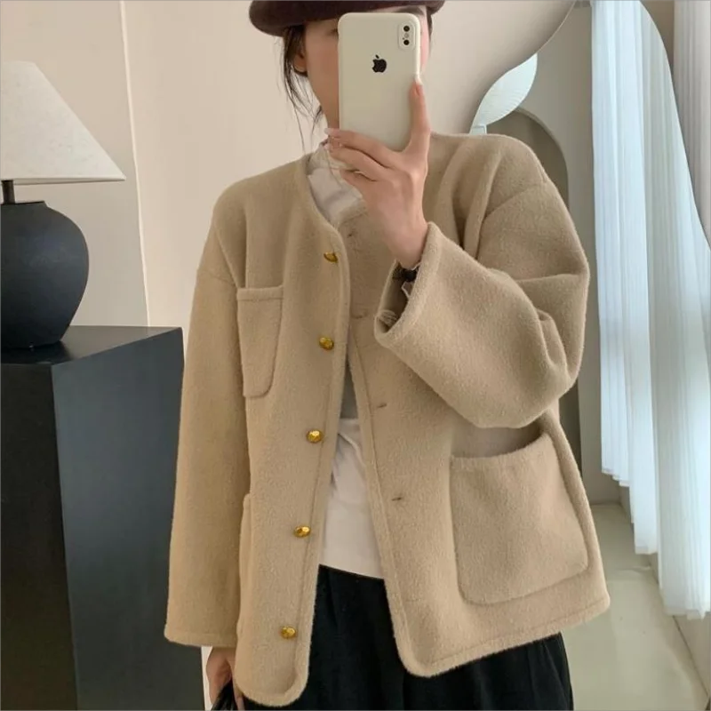 

Coat Women 2023 Autumn Winter Vintage Long Sleeve O Neck Jacket New Fashion Loose Button Up Tweed Jacket